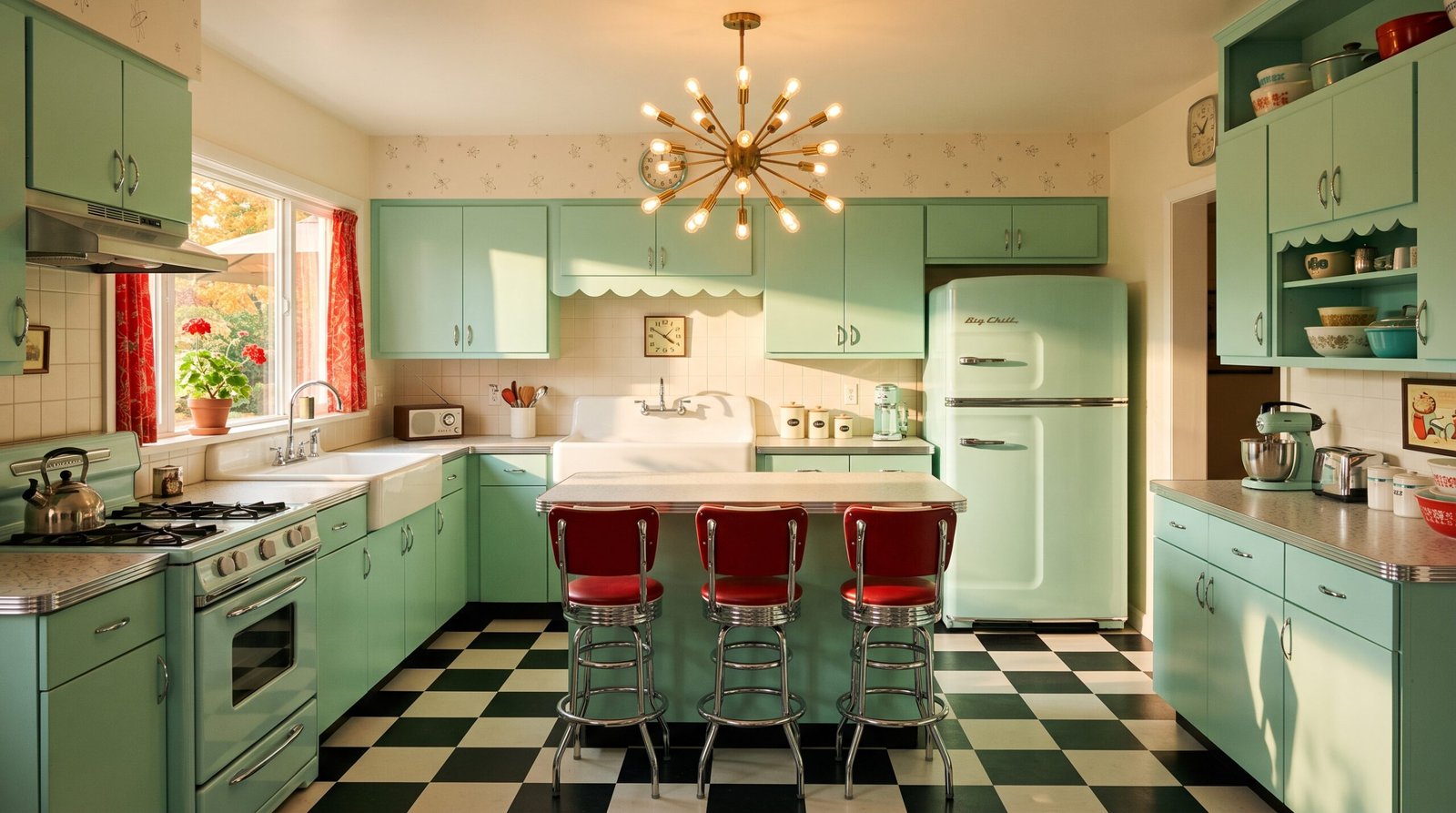 1950s kitchen with mint green ca… 202607290456