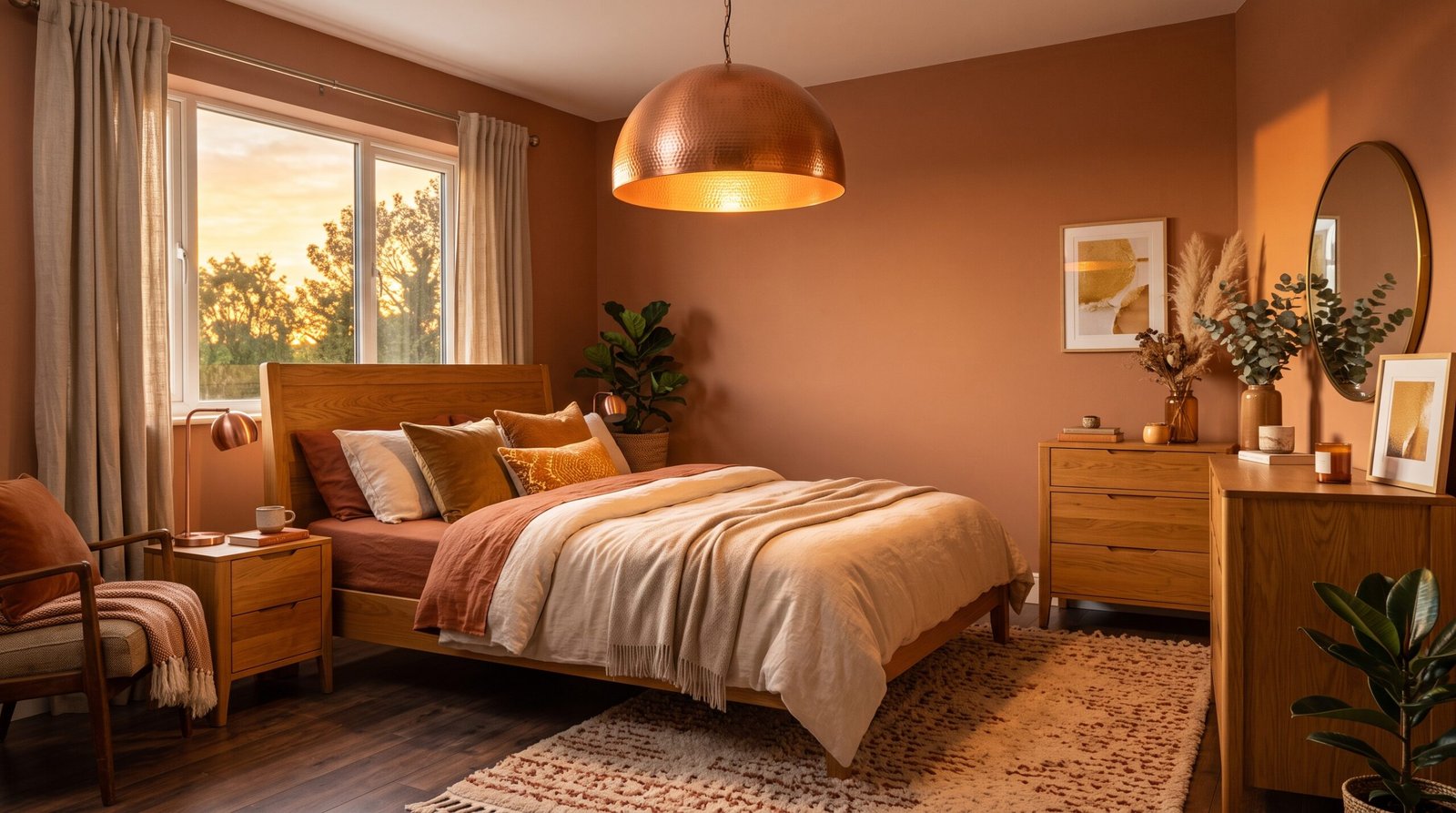 Amber bedroom with pendant light 202607281700