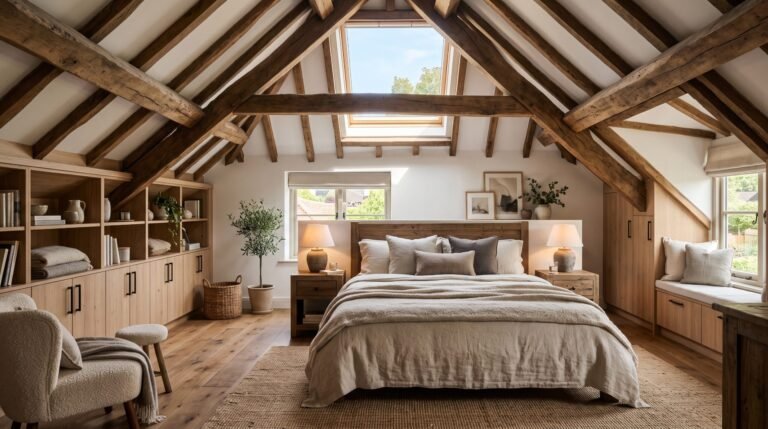 Attic bedroom with wooden beams 202607261937