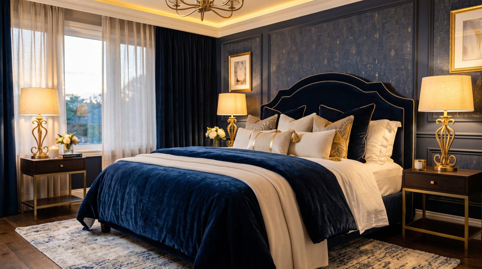 Bed with navy velvet duvet 202607282247