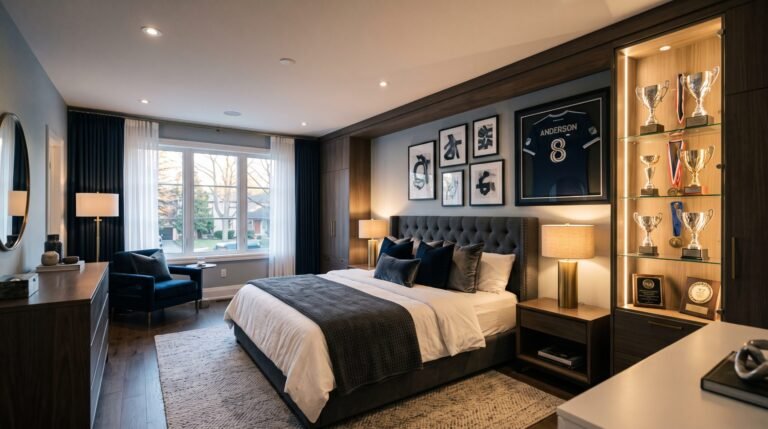 Bedroom with jersey trophy display 202607290258