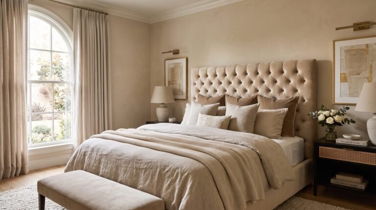 Beige bedroom with velvet headboard 202607281625