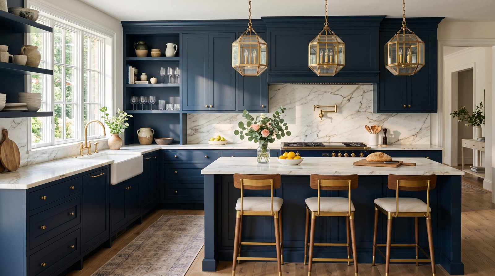Blue kitchen with navy cabinetry 202607290657