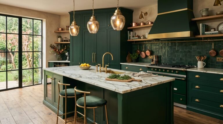 Dark green kitchen brass accents 202607301342