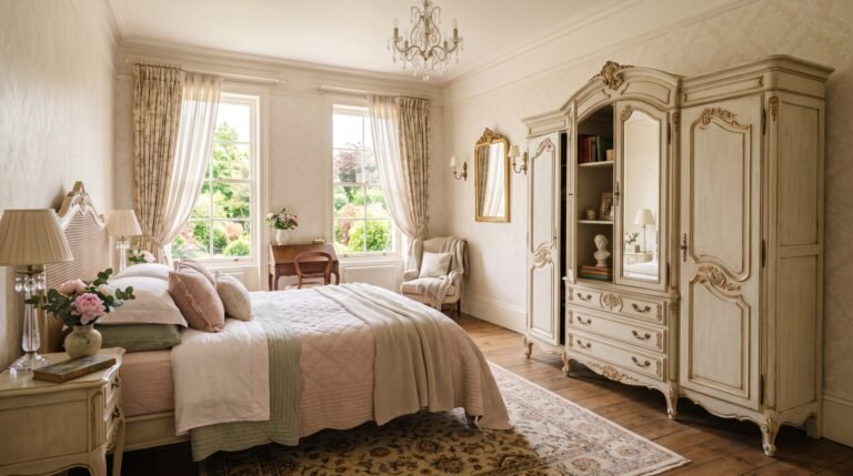 Elegant bedroom with French armoire 202607290328