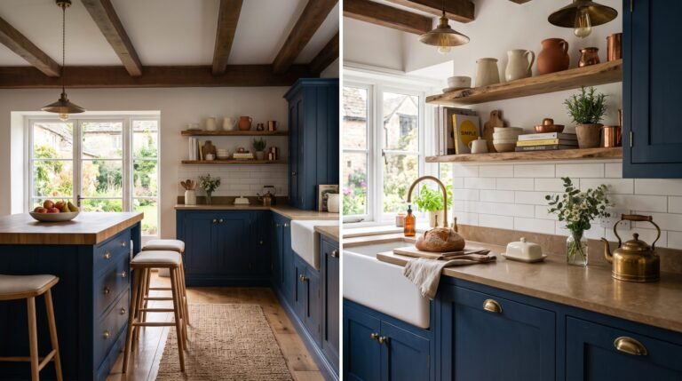 Farmhouse kitchen navy blue cabi… 202607301204