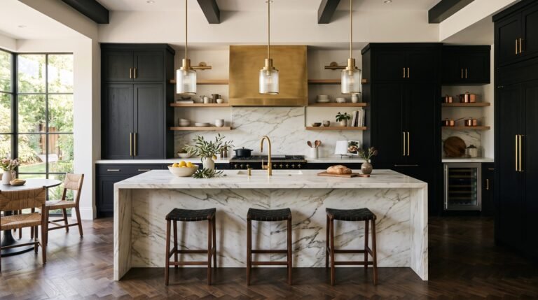 Kitchen with black cabinets island 202607290605