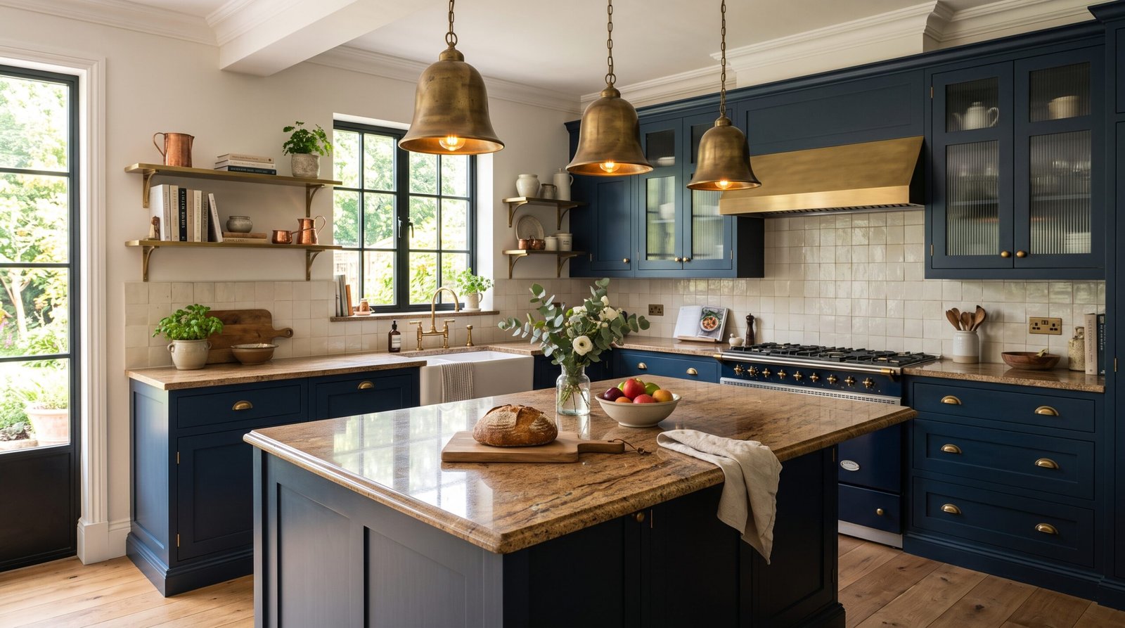 Kitchen with navy blue cabinetry 202607301201