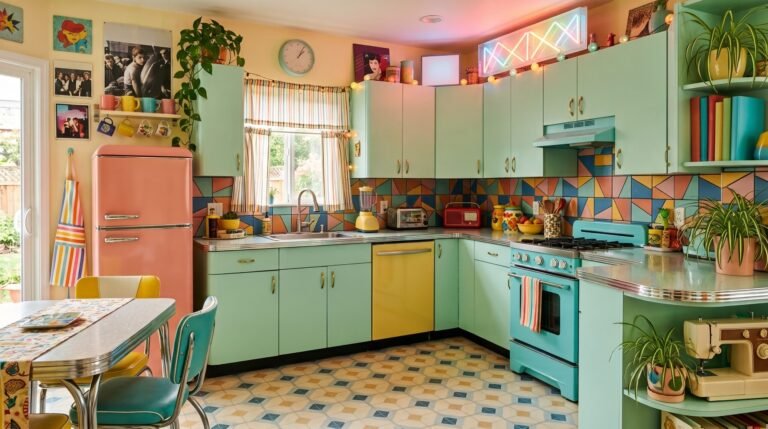 Retro 1980s kitchen with neon 202607290446