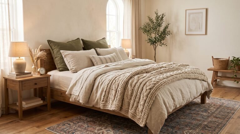 Bed with chunky knit throw 202608101447