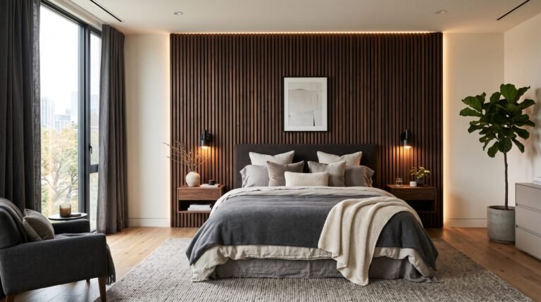 Bedroom interior with wooden wall 202608111647