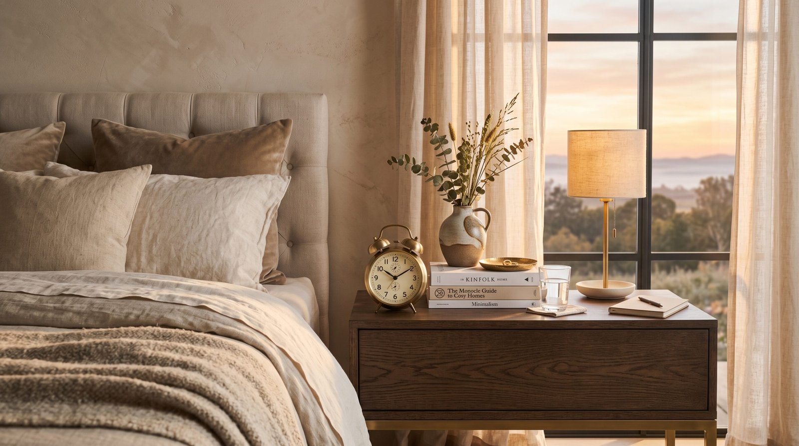Bedroom nightstand with alarm clock 202608011053