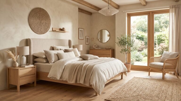 Beige bedroom with upholstered bed 202608011206