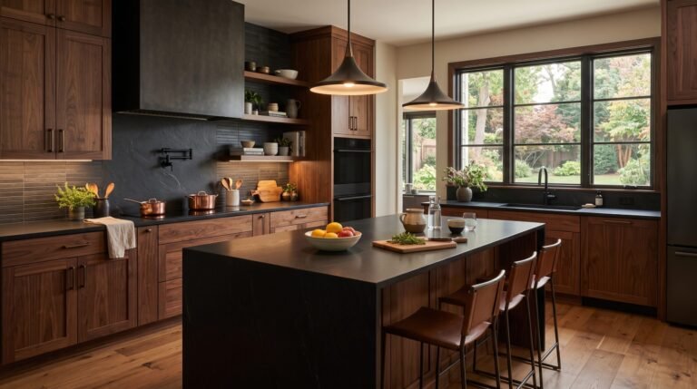 Brown kitchen cabinets black cou… 202608021913