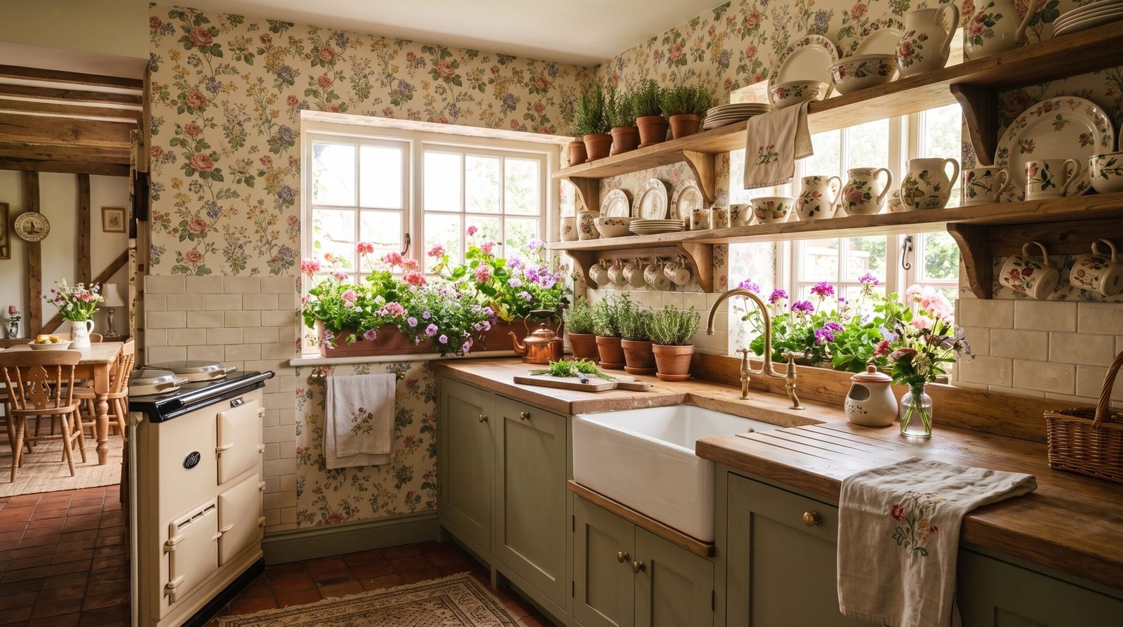 Cottage kitchen with floral wall… 202607301301