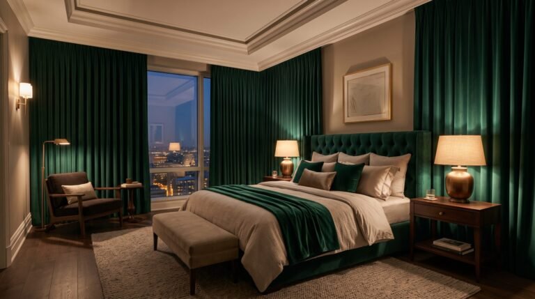 Elegant bedroom with emerald cur… 202608111814