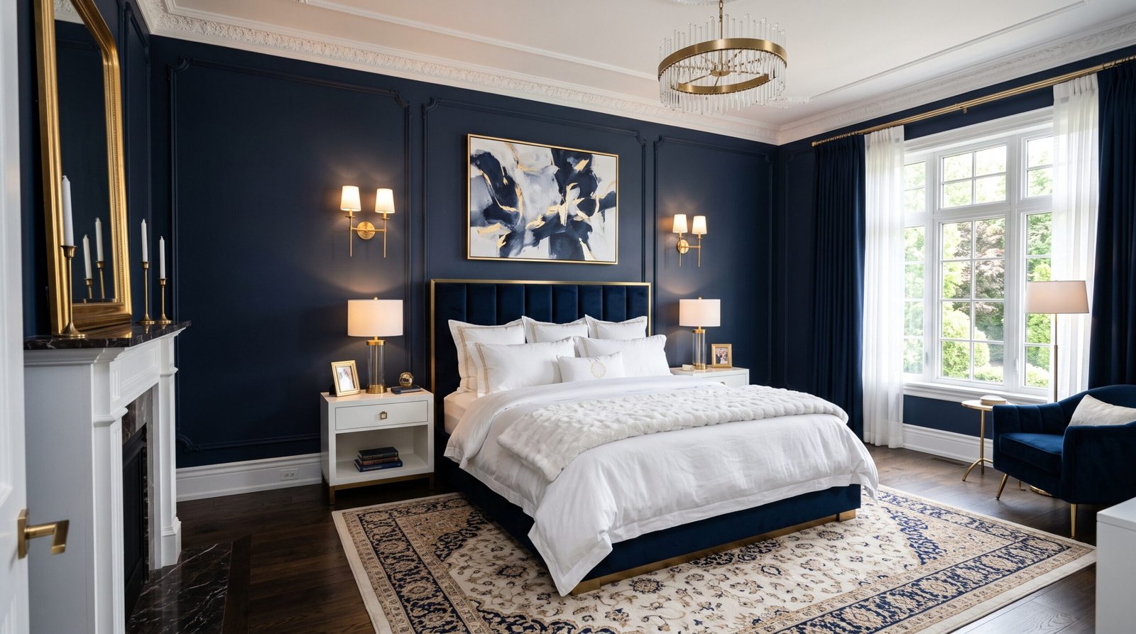 Elegant bedroom with navy walls 202608061127
