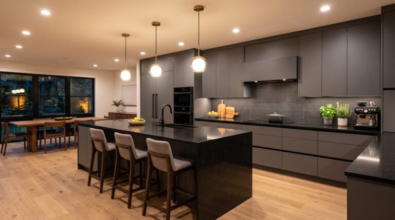22 Modern Kitchens with Gray Cabinets & Black Countertops
