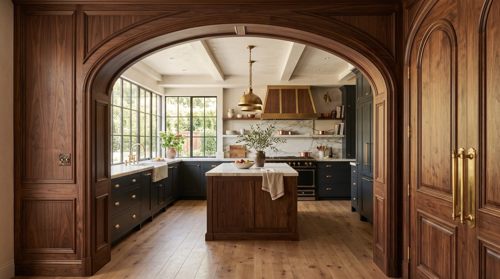 Kitchen with wooden arch doorway 202608131555