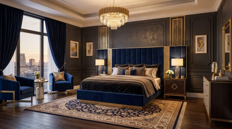 Master bedroom with velvet bed 202608102338