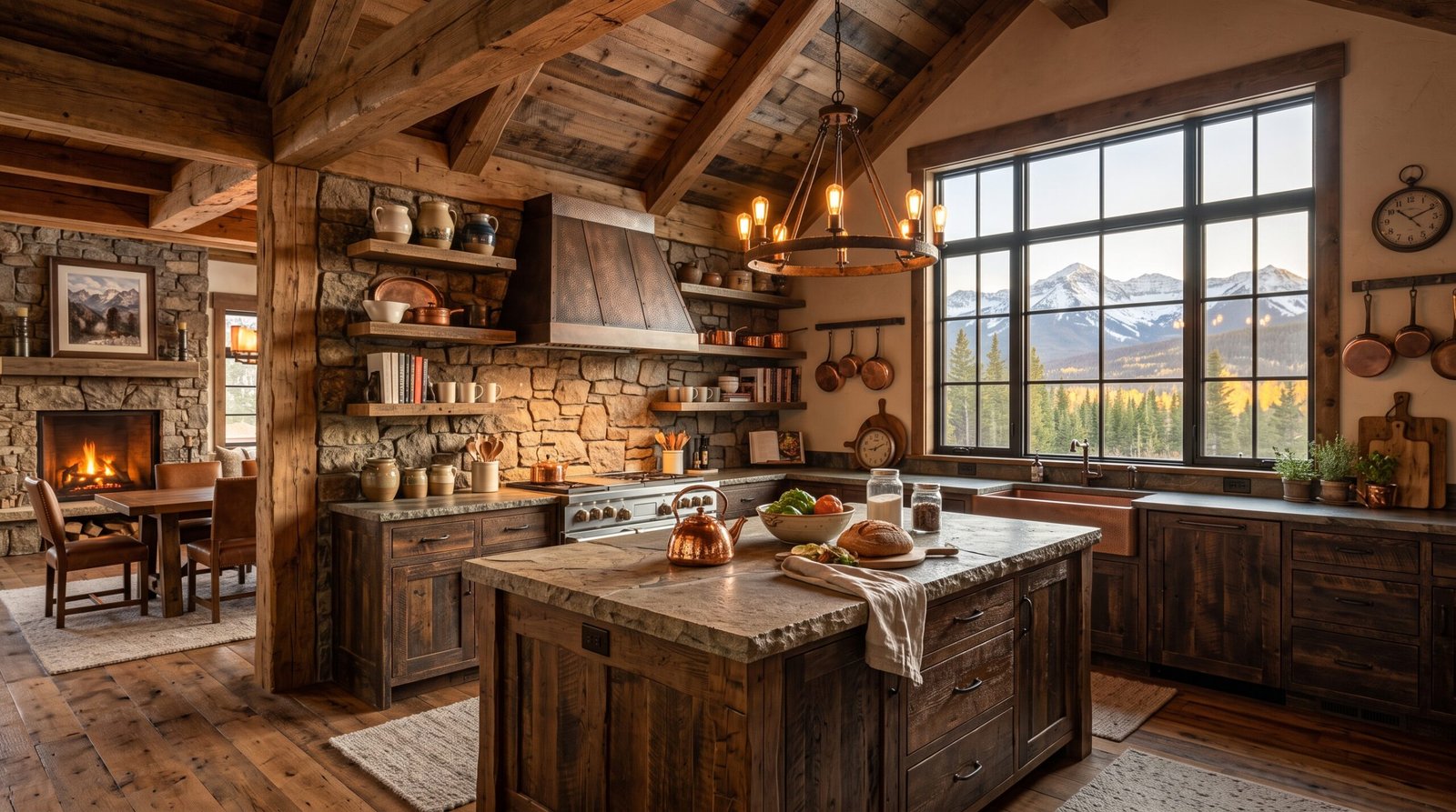 Rustic cabin kitchen with beams 202608021922